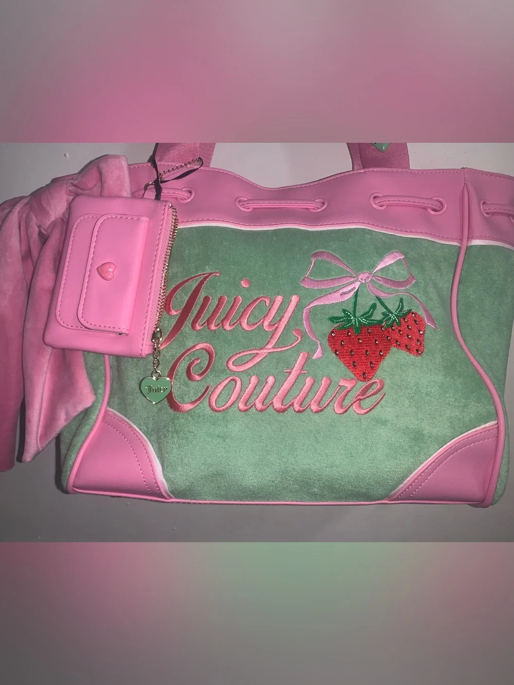 NWT! Juicy Couture Daydreamer Retro Strawberry Tote Pink and Green Shoulder Bag
